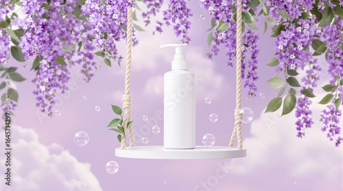 Serene Lavender Dream Awaits A White Pump Bottle on a Swing Amidst Wisteria Blooms and Soft Clouds for Beauty and Skincare Promotion