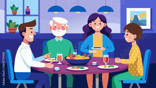 A family is sitting around a table with food and drinks. Scene is happy and warm, as everyone is smiling and enjoying each other's company