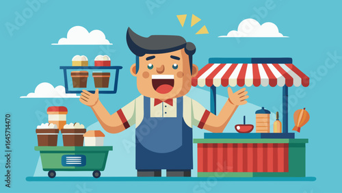 A man is standing in front of a food stand with a smile on his face. He is holding a tray with cupcakes on it