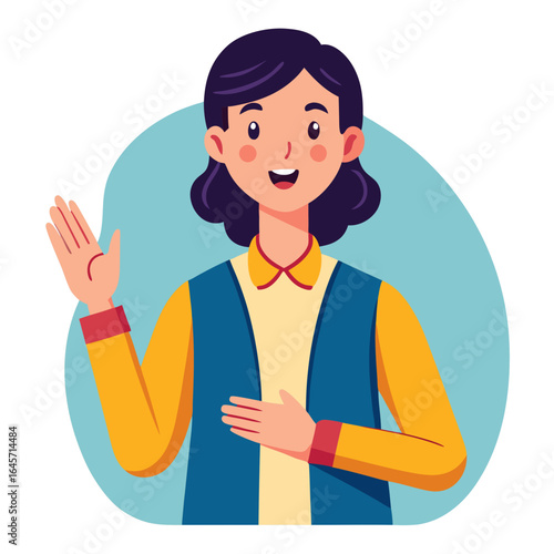 A woman is smiling and waving at the camera. She is wearing a yellow shirt and blue vest