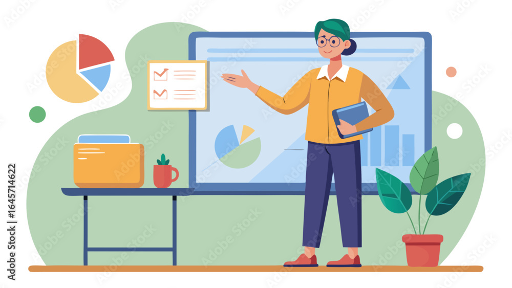 Fototapeta premium A woman is standing in front of a white board with a presentation on it. She is pointing to a graph on the board