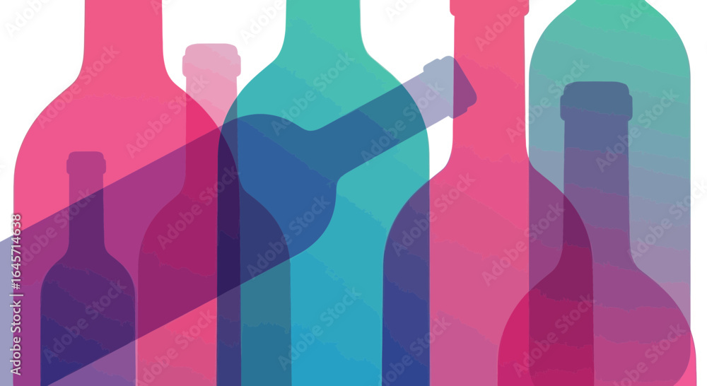 Fototapeta premium Colorful wine bottle silhouettes in a modern abstract design. Vector graphic illustration for a bar menu, party invitation, or beverage concept.