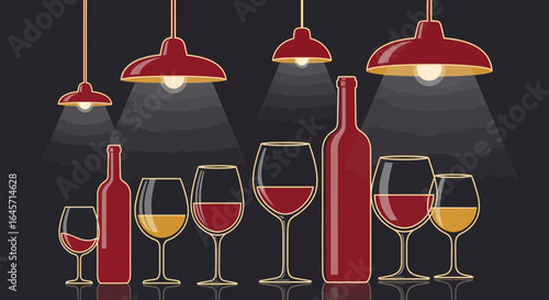 Elegant illustration of a wine tasting event with red and white wine glasses and bottles under glowing lamps.
