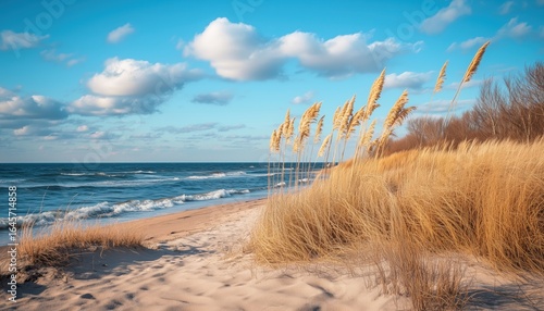 Fototapeta Naklejka Na Ścianę i Meble -  Scenic Sand Beach With Golden Grass And Waves On The Baltic Sea In Nida, Neringa, Lithuania, With Reeds Swaying In The Wind.