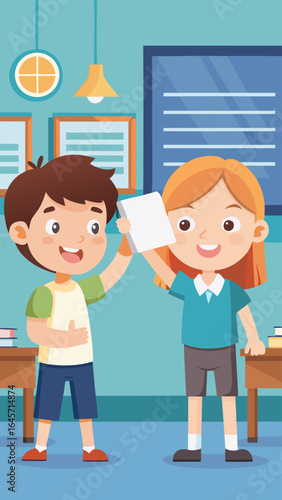 Two children are standing next to each other, one of them holding a book. They seem to be talking to each other, possibly about their schoolwork or a shared interest
