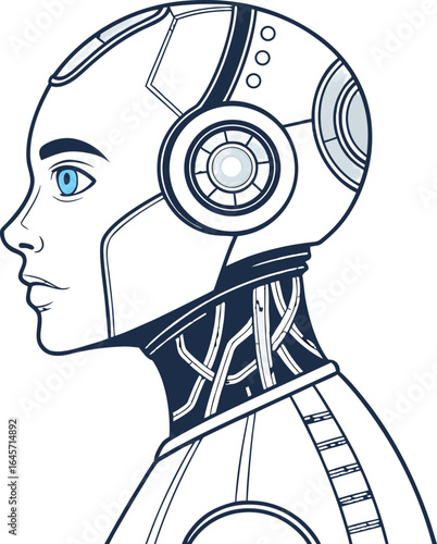 Futuristic humanoid robot with advanced artificial intelligence depicted front facing in a clean modern vector illustration symbolizing innovation and technology