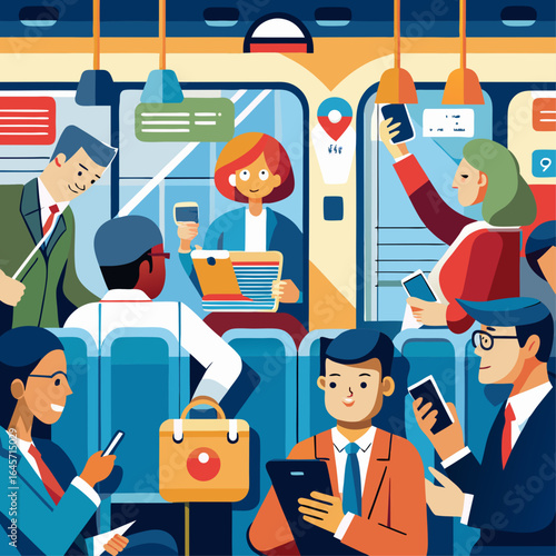 A group of people on a train, some of them are using their phones. Scene is busy and social, as people are interacting with each other and with their devices