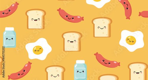 A cheerful pattern featuring adorable, smiling breakfast items: sausages, toast, eggs, and milk bottles on a vibrant yellow backdrop.