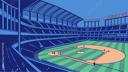Stylized Baseball Stadium Illustration Blue and Green Tones Night Game.