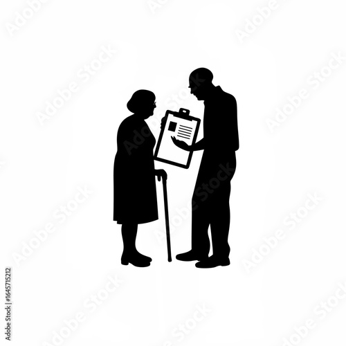 Elderly husband and wife discussing diabetes health silhouette isolated on white background