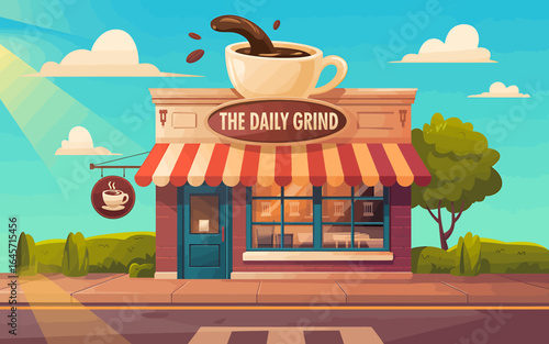Charming Coffee Shop Illustration with Fresh Brewed Coffee and Sunny Weather Inviting Daily Grind Patrons for a Break