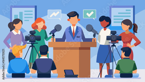 A group of people are gathered around a desk with a man in a suit and tie at the head of the table. The man is holding a microphone and he is a news reporter