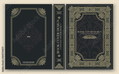 Vector. Retro book cover with thick gold decoration on a deep brown background. Suitable for vintage editions, collectible volumes and vintage projects. Rich atmosphere, inspired by antique aesthetics