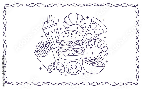 Collection of delicious fast food items including burgers pizza and fries illustrated in a simple and fun line art style great for menu design