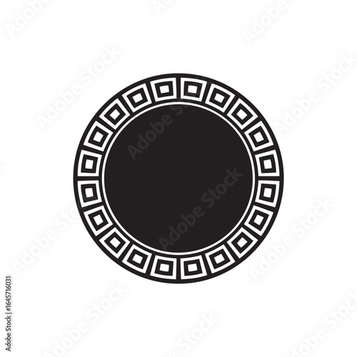 Solid Black Athena’s Aegis Shield Silhouette with Greek Patterns on White Background