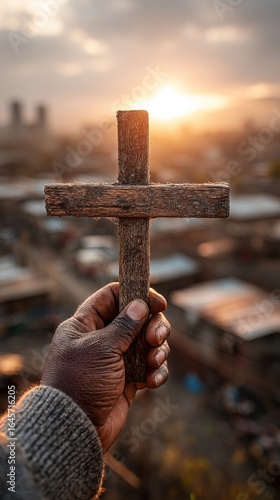 Hand Holding a Rustic Wooden Cross During Sunset in a Serene Outdoor Setting.