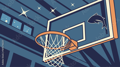Stylized Basketball Hoop with Fish Graphic.