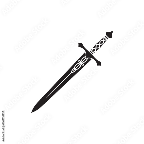 Solid Black Excalibur Silhouette with Ornate Hilt on White Background