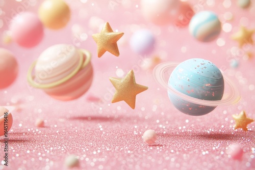 Colorful Decorative Planets Hanging Against a Pink Dreamy Background With Shi...