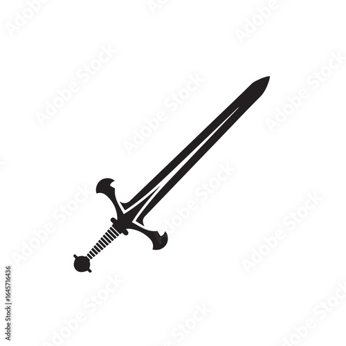 Solid Black Excalibur Silhouette with Ornate Hilt on White Background