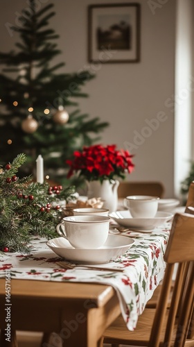 Cozy Holiday Dining Setup With Festive Decorations and Delicate Tableware.