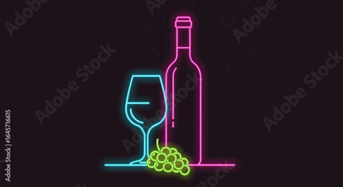 Vibrant neon light sign illustration of a wine bottle, a full glass, and a fresh cluster of grapes against a dark background.