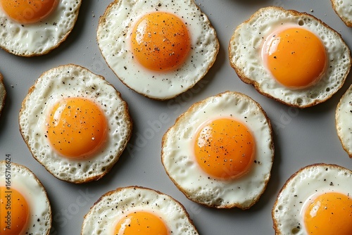 Breakfast Preparation With Sunny Side up Eggs Arranged Neatly on a Gray Surface.