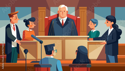 A group of people are sitting in a courtroom with a judge presiding over the case. The judge is wearing a tie and is sitting on a chair. There are several other people in the room, including lawyers