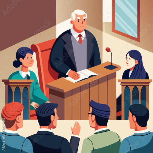 A group of people are sitting in a courtroom with a judge presiding over the case. The judge is wearing a tie and is sitting on a chair. There are several other people in the room, including lawyers