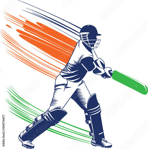Man cricketer player vector icon and Indian cricketer batting with Indian flag colors in background 