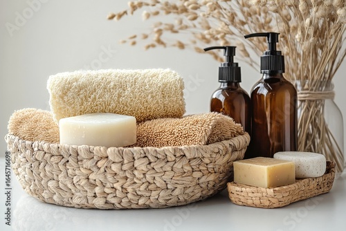 Natural Bath Products and Towels Arranged in a Cozy Bathroom Setting for Rela...