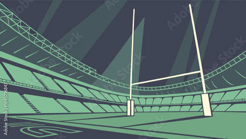 Stylized Rugby Stadium with Goalposts and Seating.