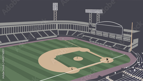 Stylized Night Baseball Stadium with Field Stands and Lighting.