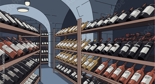 Rich collection of red and white wine bottles neatly arranged on shelves in a classic cellar storage room illustration.