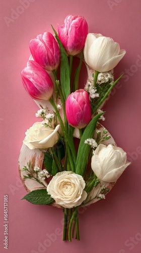 Arrangement of Pink and White Flowers in a Decorative Layout on a Neutral Bac...