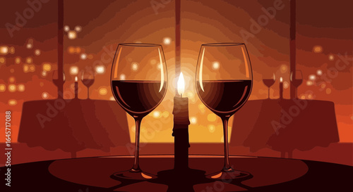 Romantic candlelit dinner for two with glasses of red wine overlooking a glowing city skyline at night