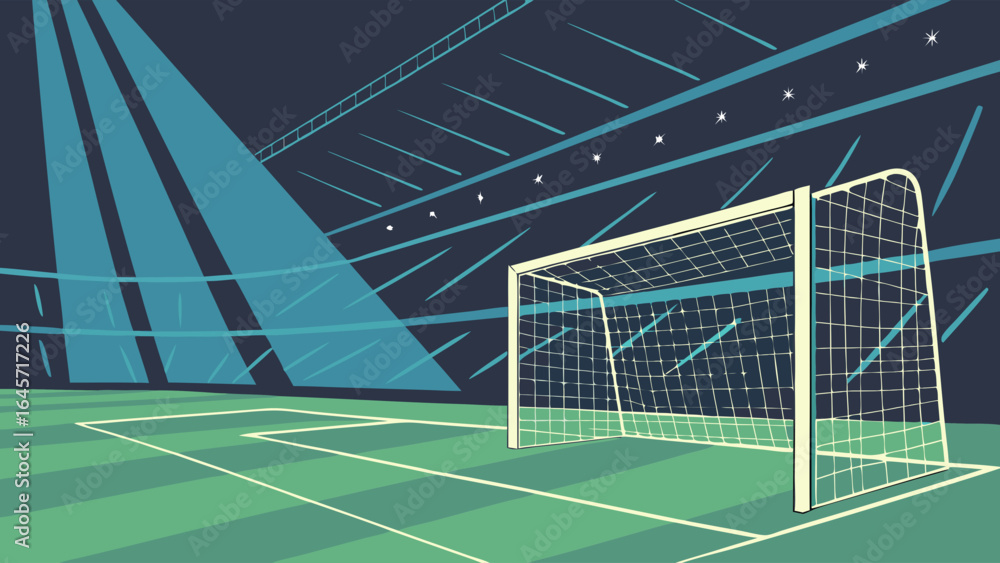 Fototapeta premium Stylized Soccer Goal on Green Field at Night.