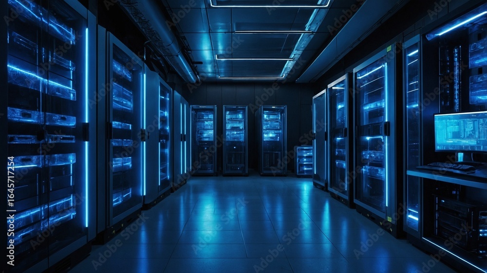 Fototapeta premium Modern server room with blue neon lighting