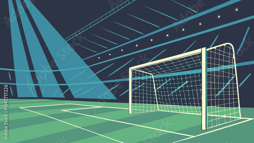 Stylized Soccer Goal on Green Field at Night.