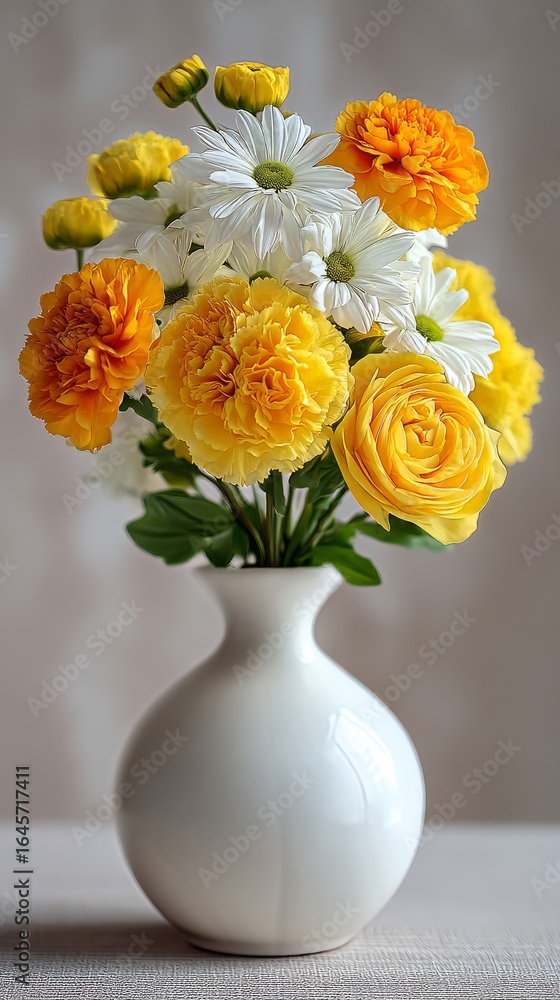 Obraz premium Bright Floral Arrangement With Yellow Roses and White Daisies in a White Vase on a Textured Background.