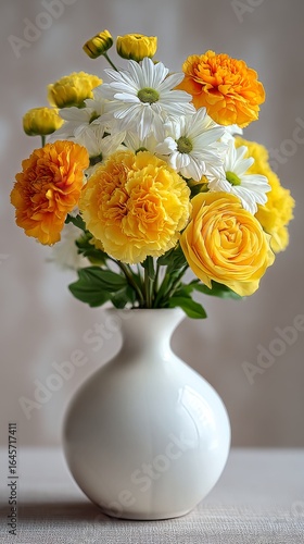 Wallpaper Mural Bright Floral Arrangement With Yellow Roses and White Daisies in a White Vase on a Textured Background. Torontodigital.ca
