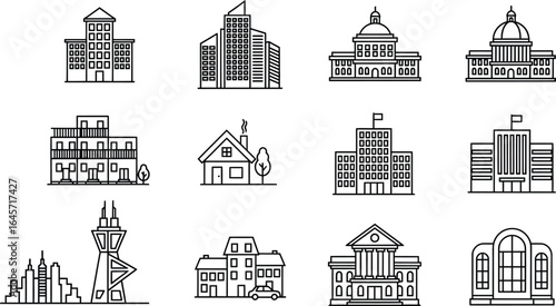 Business Buildings Linear Icons Set - Corporate & Multistory