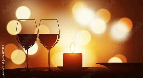 Elegant still life of two wineglasses and a glowing candle against a beautiful golden bokeh light background, symbolizing romance and love.
