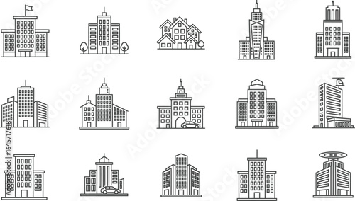 Business Buildings Linear Icons Set - Corporate & Multistory