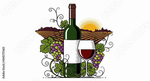A celebration of winemaking with a bottle and glass of red wine surrounded by grapevines in a scenic vineyard at sunset.