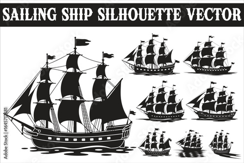 Sailing Ship Silhouette Vector Illustration, a timeless design perfect for nautical-themed projects