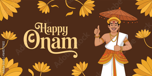 Traditional Onam greeting card with cheerful man in white dhoti and turban holding umbrella, thumbs-up gesture, and Happy Onam text on floral background