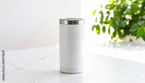 Wallpaper Mural A white, stainless steel tumbler sits on a marble surface, illuminated by natural light near a green plant. Torontodigital.ca