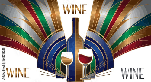Elegant Art Deco wine poster illustration with a bottle and glasses of red and white wine on a stylized geometric background.