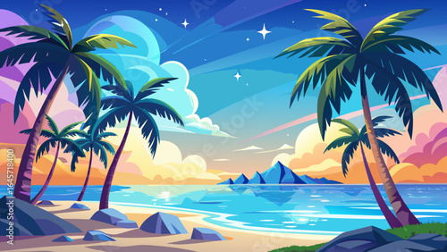 Palm trees stand tall, silhouetted gracefully against a radiant sky, while crystal waters shimmer and caress the untouched white sandy shoreline of a pristine tropical island, exuding serenity and bea